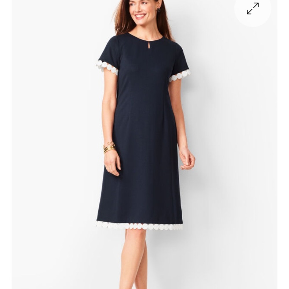 TALBOTS Refined Ponte Embroidered Lace Trim Sheath Dress Navy Blue White 10
